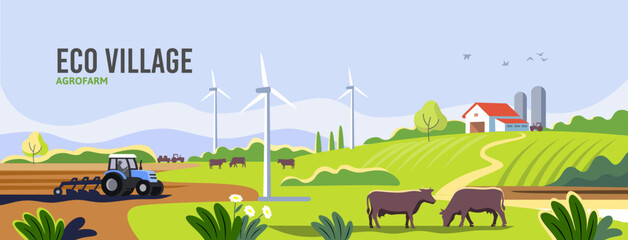 Rural landscape with tractor and cows. Agriculture - 612263237
