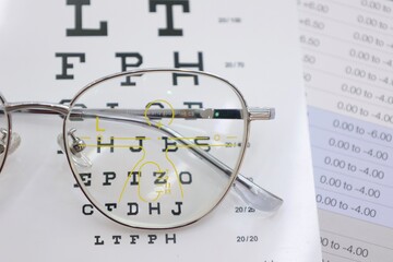 eye test chart, eyeglasses on paper 