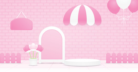 cute girly kawaii pastel pink display podium with round awning and signboard on tile floor and brick wall background 3d illustration vector for putting object or product