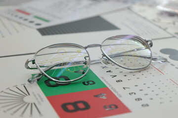 glasses on chart, Eyeglass in optical shop, progressive lenses, eyeglasses for the elderly, glasses progressive lens 