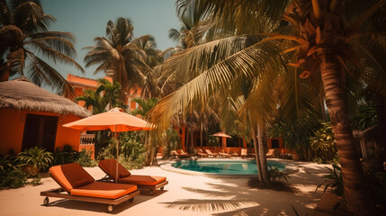 Fototapeta premium Beautiful tropical, two sun beds, umbrella under palm tree. Beach resort hotel. Summer vacation