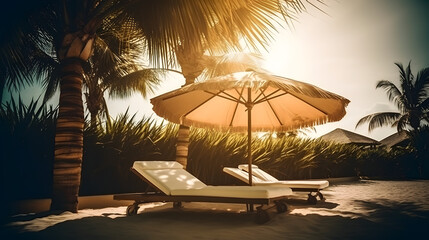 Fototapeta na wymiar Beautiful tropical, two sun beds, umbrella under palm tree. Beach resort hotel. Summer vacation