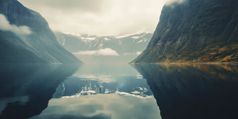 Fjord minimalistic landscape. Fog over mountains. Generative AI