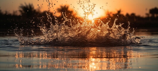 sunset at sea ,evening sea  sun light blurred light ,water splash,sunset on evening sea ,awve water splash ,generated ai