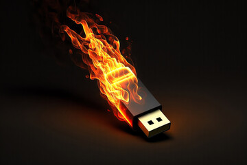 Flash drive burning. Fast flash drive in fire. Data destruction concept. Generative AI