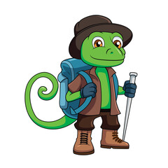 Cartoon mascot chameleon hiking traveling isolated background