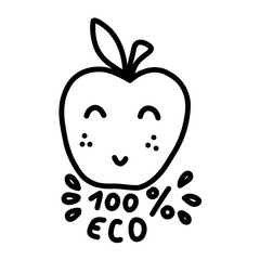 Ecological doodle sticker. Apple 100 percent eco