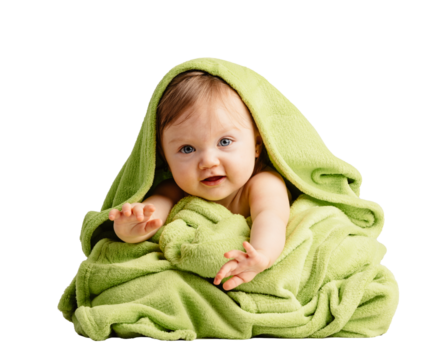 Cute little baby in cozy blanket. Isolated on transparent white background.