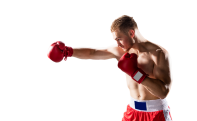 Boxer fighting keeping guard up. Isolated on transparent white background