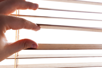 Peeking through window blinds, transparent isolated copy-space