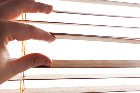 Peeking through window blinds, transparent isolated copy-space