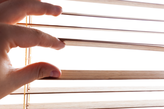 Peeking through window blinds, transparent isolated copy-space