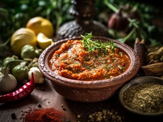 Harissa paste in a small bowl surrounded by various spices and herbs