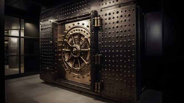 Door of big vintage safe in retail store bank vault security valuable storage