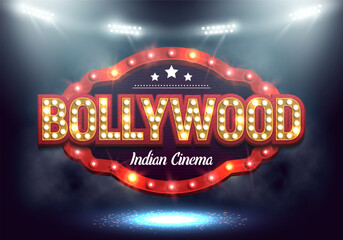 Bollywood indian cinema. Movie banner or poster with retro billboard illuminated by spotlights. Vector illustration. - obrazy, fototapety, plakaty