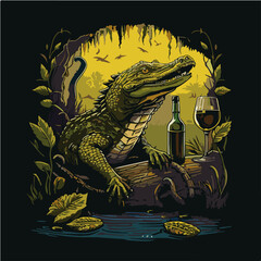relax Crocodile drinking Cotes du Rhone Wine, Crocodile character, artistic, print design, for t-shirt and case
