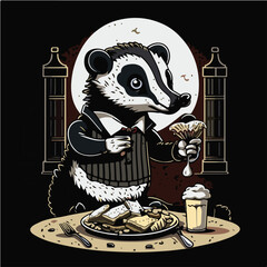 relax Badger eating Ravioli, Badger character, artistic, print design, for t-shirt and case
