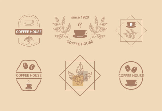 Set of logos for coffee houses, coffee shops, cafe. Company business concept. Emblem, logotype, sticker. Coffee beans, cups, branches. 