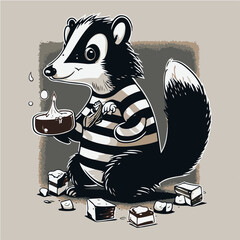 happy Skunk eating Ravioli, Skunk character, artistic, print design, for t-shirt and case
