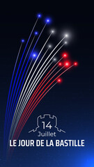 Banner 14 july bastille day in france, template with french colorful fireworks on dark sky background. Fireworks france flag. French national holiday. Vector. Translation: July 14 Bastille Day - obrazy, fototapety, plakaty