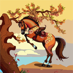 relax Horse eating Ants Climbing a Tree (Ma Yi Shang Shu), Horse character, artistic, print design, for t-shirt and case
