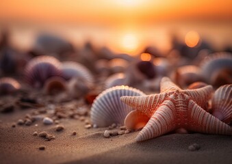 Fototapeta na wymiar Sea shells, snails and starfish on a sandy beach at sunset. Generative Ai