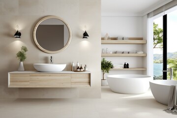 Naklejka na ściany i meble Modern bathroom interior white vessel. Generate Ai