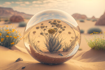 A plant in a glass bowl against the backdrop of a sultry desert. AI genarated