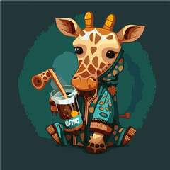 grumpy Giraffe drinking Tamarind juice, Giraffe character, artistic, print design, for t-shirt and case
