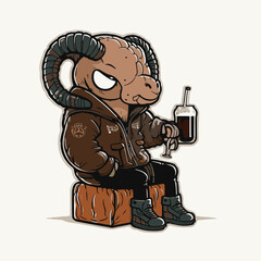 relax Ram drinking Calvados, Ram character, artistic, print design, for t-shirt and case
