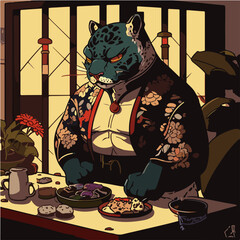 grumpy Panther eating Com Tam (Broken Rice with Grilled Pork), Panther character, artistic, print design, for t-shirt and case
