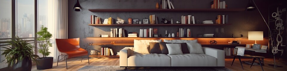 illustration, modern living room with beautiful furniture, website header, ai generative