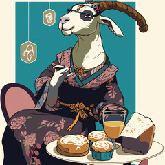 relax Goat eating Profiteroles, Goat character, artistic, print design, for t-shirt and case
