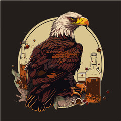 relax Eagle drinking Liqueur de Cassis, Eagle character, artistic, print design, for t-shirt and case
