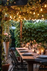Fototapeta na wymiar A beautifully set dining table outdoors under a pergola, adorned with fairy lights, for a summer garden party, signifying outdoor entertainment and stylish home decor