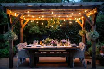 Fototapeta na wymiar A beautifully set dining table outdoors under a pergola, adorned with fairy lights, for a summer garden party, signifying outdoor entertainment and stylish home decor