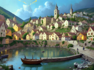 Fototapeta premium European village from 17th century, Oil-Paint Effect, Generative AI Illustration