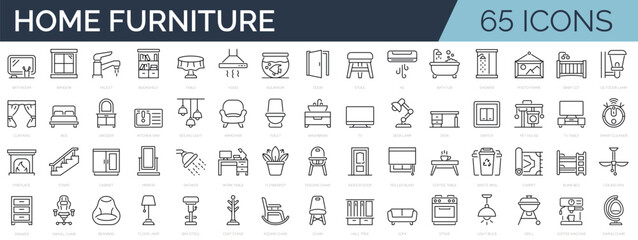 Set of 65 line icons related to home furniture, appiliance, decoration. Editable stroke. Outline icon collection. Vector illustration