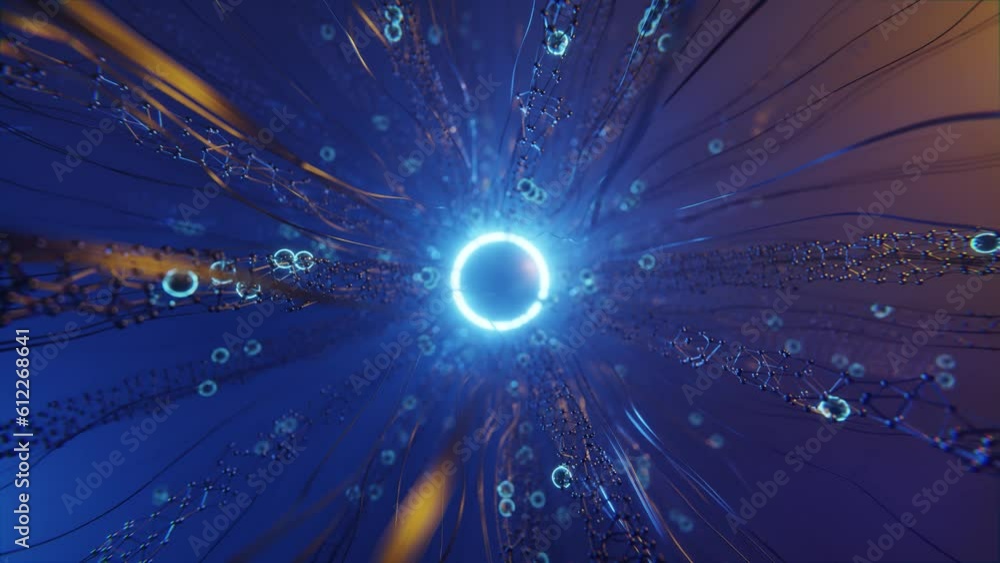 Poster virtual network with glowing center. 3d animation render
