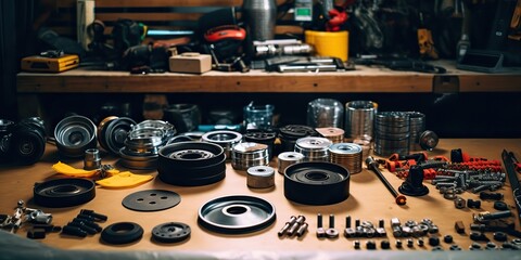 AI Generated. AI Generative. Car garage mechanic carpentry auto reapair tools equipment background. Graphic Art