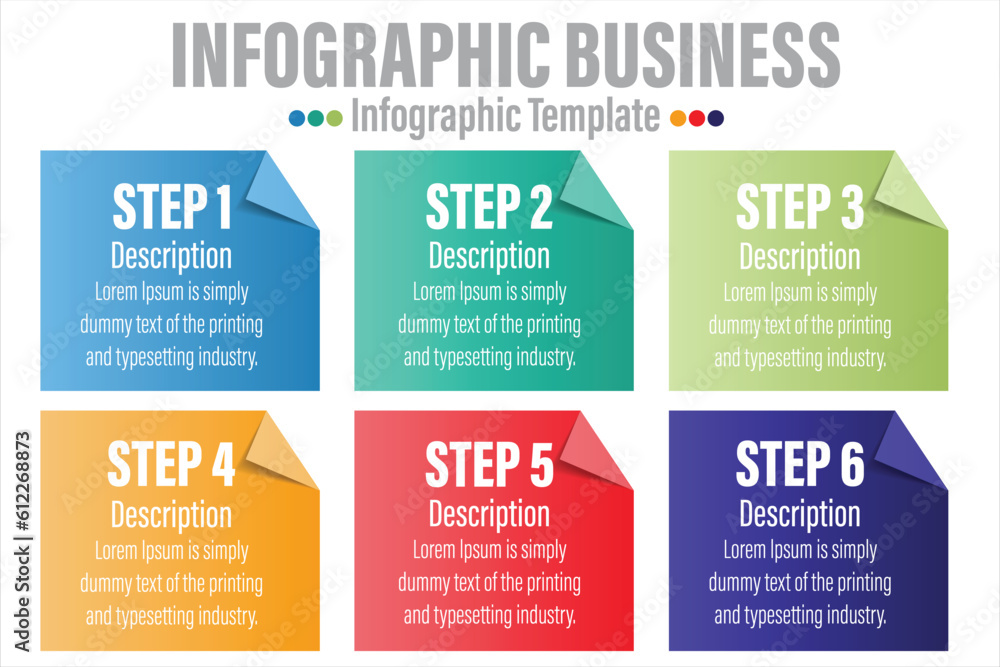 Poster notes process with six 6 steps or six 6 option. three colorful graphic elements. timeline design for