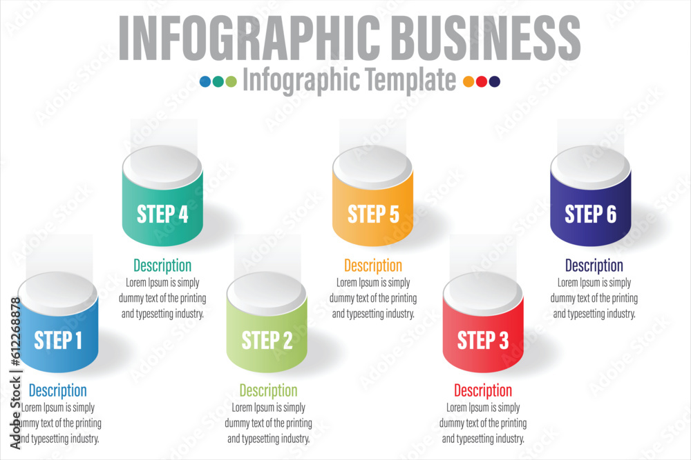 Poster colorful 6 steps and six 6 option business data process chart. diagram with steps, options, parts or
