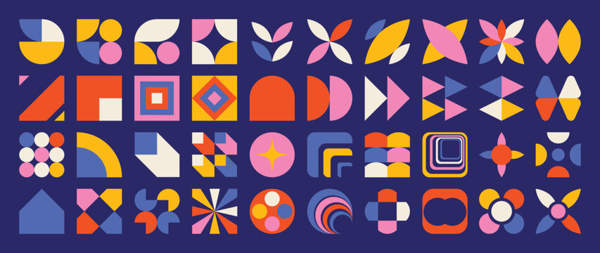 Set of abstract retro geometric shapes vector. Collection of contemporary figure, sparkle,square, flower in 70s groovy style. Bauhaus Memphis design element perfect for banner, print, stickers, decor.
