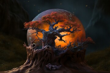 illustration, a highly detailed magical orb sitting on top of a root growth, generative ai