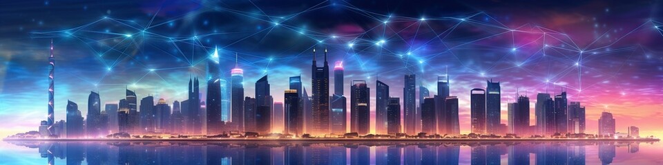 an illustration, background landscape with tall business towers, website header, ai generative