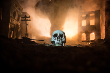 Concept of death soldiers during the war. Grim reaper (Skeleton) holding schyte with military...