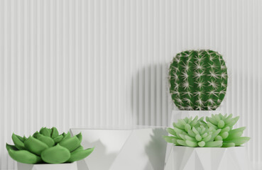 White prism podium for product presentation and cactus on white serrated wall background minimal style.,3d model and illustration.