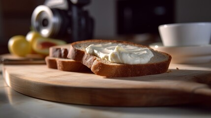 cream cheese being spread on a slice of toasted bread
