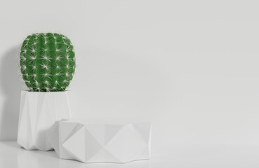 White prism podium for product presentation and cactus on white wall background minimal style.,3d model and illustration.