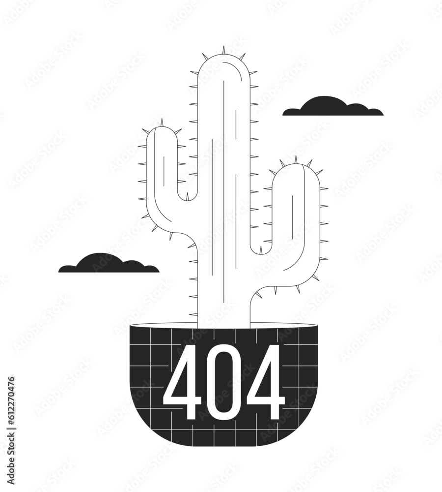Poster cactus in clouds black white error 404 flash message. potted desert flower. cacti plant. monochrome 